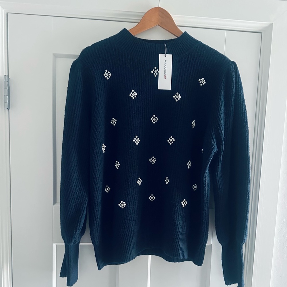 Liz Claiborne Embellished Navy Mock Neck Sweater - Picture 7 of 9